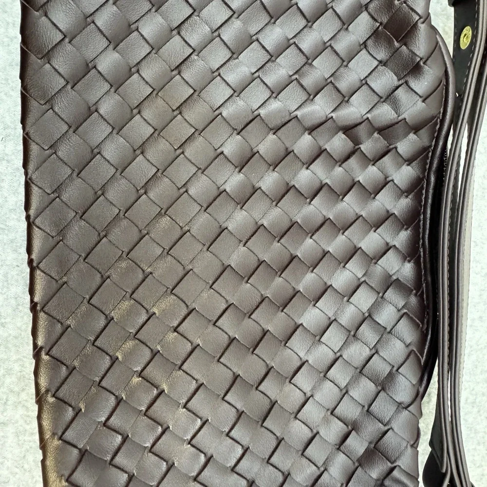 Vegan Leather Woven Hand Bag Brown Top Handle Women Shoulder Bag Adjustable - Picture 3 of 16